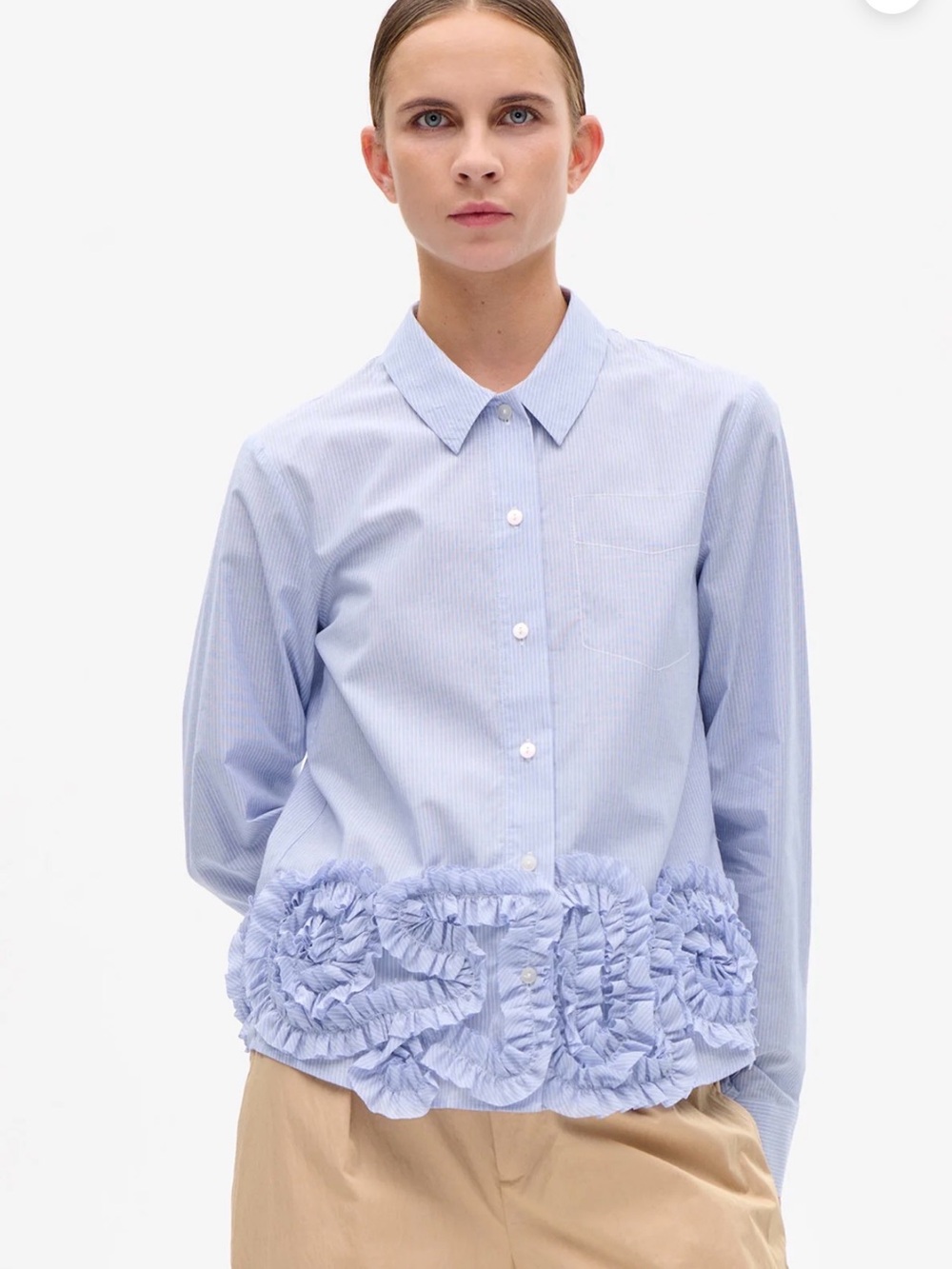 Light Blue Ruffle-Hem Button Down Shirt - Women's Cotton Blend EU 34 NWT - Picture 1 of 5